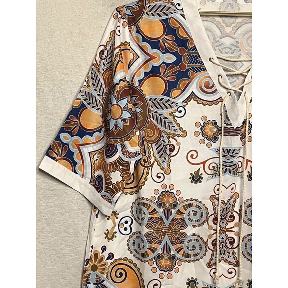 VGT-Inspired Multicolor Paisley Short-Sleeve Blouse With Lace-Up Neckline 3XL - Picture 4 of 16